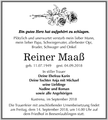 Traueranzeige von Reiner Maaß von Mitteldeutsche Zeitung Bernburg