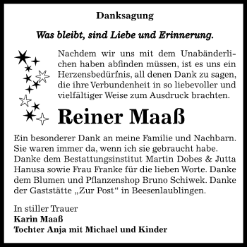 Traueranzeige von Reiner Maaß von Mitteldeutsche Zeitung Bernburg