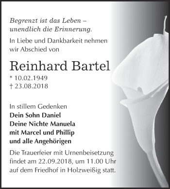 Traueranzeige von Reinhard Bartel von WVG - Wochenspiegel Bitterfeld