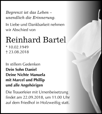 Traueranzeige von Reinhard Bartel von Mitteldeutsche Zeitung Bitterfeld