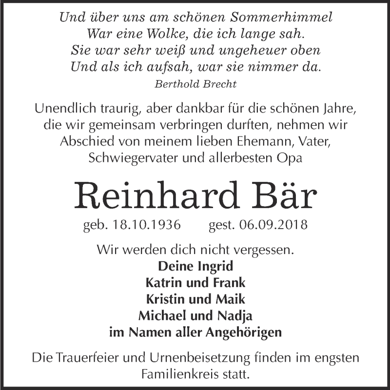  Traueranzeige für Reinhard Bär vom 19.09.2018 aus WVG - Wochenspiegel Bitterfeld