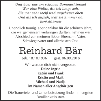 Traueranzeige von Reinhard Bär von WVG - Wochenspiegel Bitterfeld
