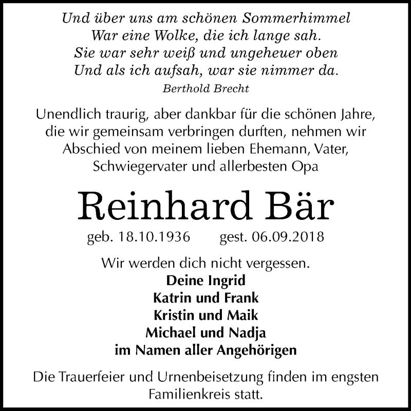  Traueranzeige für Reinhard Bär vom 14.09.2018 aus Mitteldeutsche Zeitung Bitterfeld
