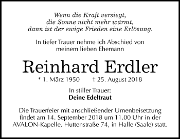 Traueranzeige von Reinhard Erdler von Mitteldeutsche Zeitung Halle/Saalkreis