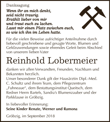 Traueranzeige von Reinhold Lobermeier von WVG - Wochenspiegel Dessau / Köthen