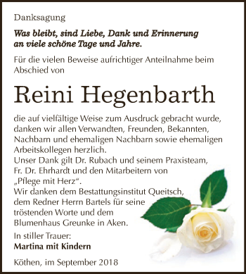 Traueranzeige von Reini Hegenbarth von WVG - Wochenspiegel Dessau / Köthen