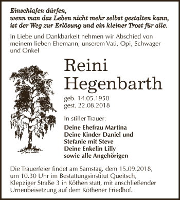 Traueranzeige von Reini Hegenbarth von WVG - Wochenspiegel Dessau / Köthen
