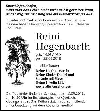 Traueranzeige von Reini Hegenbarth von Mitteldeutsche Zeitung