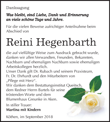 Traueranzeige von Reini Hegenbarth von Mitteldeutsche Zeitung