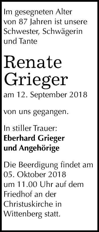Traueranzeige von Renate Grieger von Mitteldeutsche Zeitung