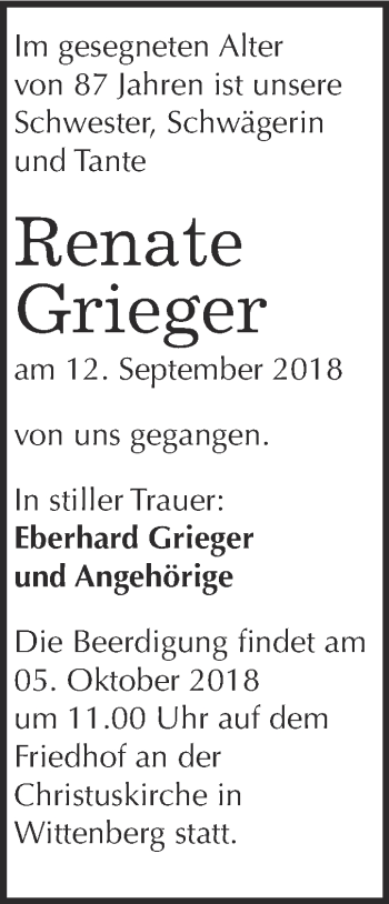 Traueranzeige von Renate Grieger von Super Sonntag Wittenberg