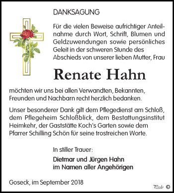 Traueranzeige von Renate Hahn von Mitteldeutsche Zeitung Weißenfels