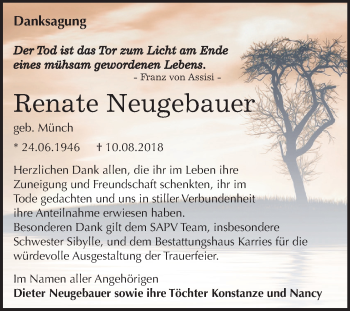Traueranzeige von Renate Neugebauer von Mitteldeutsche Zeitung Aschersleben