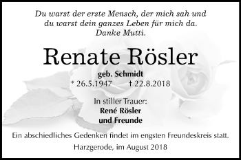 Traueranzeige von Renate Rösler von Mitteldeutsche Zeitung Quedlinburg