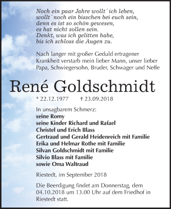 Traueranzeige von René Goldschmidt von Mitteldeutsche Zeitung Sangerhausen