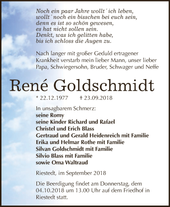 Traueranzeige von René Goldschmidt von Super Sonntag SGH Mansf. Land