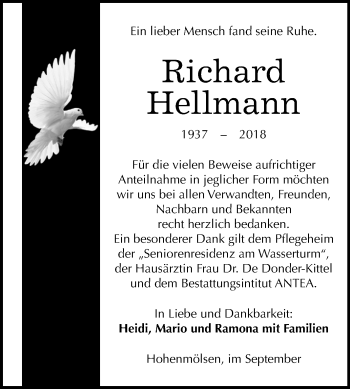 Traueranzeige von Richard Hellmann von Mitteldeutsche Zeitung Weißenfels