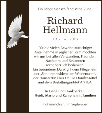 Traueranzeige von Richard Hellmann von WVG - Wochenspiegel NMB / WSF / ZTZ