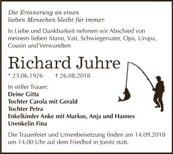 Traueranzeige von Richard Juhre von WVG - Wochenspiegel Dessau / Köthen