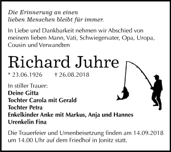 Traueranzeige von Richard Juhre von Mitteldeutsche Zeitung Dessau-Roßlau