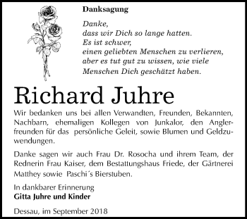 Traueranzeige von Richard Juhre von Mitteldeutsche Zeitung Dessau-Roßlau