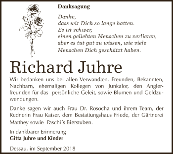 Traueranzeige von Richard Juhre von WVG - Wochenspiegel Dessau / Köthen