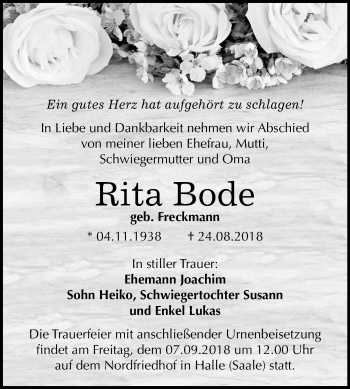 Traueranzeige von Rita Bode von Mitteldeutsche Zeitung Halle/Saalkreis