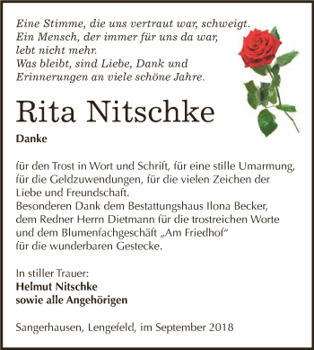 Traueranzeige von Rita Nitschke von Super Sonntag SGH Mansf. Land