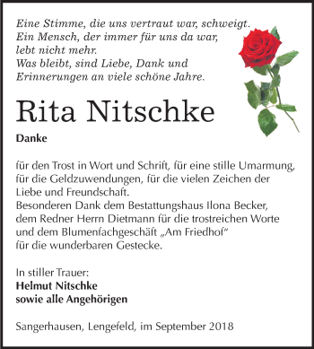 Traueranzeige von Rita Nitschke von Mitteldeutsche Zeitung