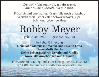 Traueranzeige von Robby Meyer von WVG - Wochenspiegel Bitterfeld