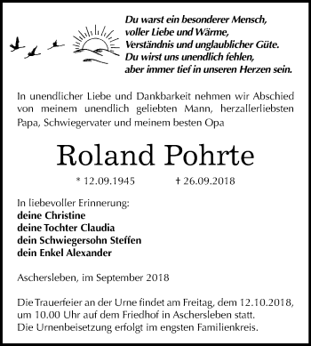 Traueranzeige von Roland Pohrte von Mitteldeutsche Zeitung Aschersleben