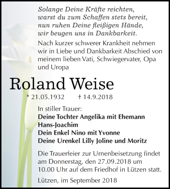 Traueranzeige von Roland Weise von Super Sonntag Merseburg