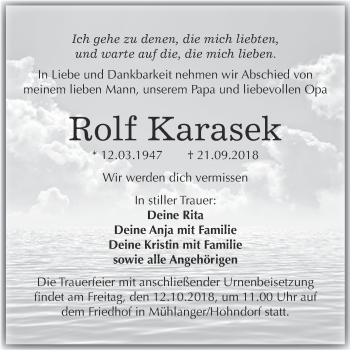 Traueranzeige von Rolf Karasek von Super Sonntag Wittenberg