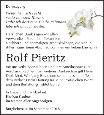 Traueranzeige von Rolf Pieritz von WVG - Wochenspiegel Merseburg