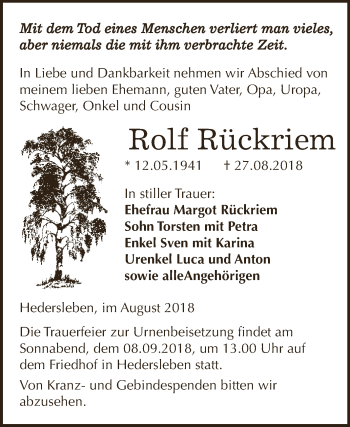 Traueranzeige von Rolf Rückriem von Wochenspiegel Mansfelder Land