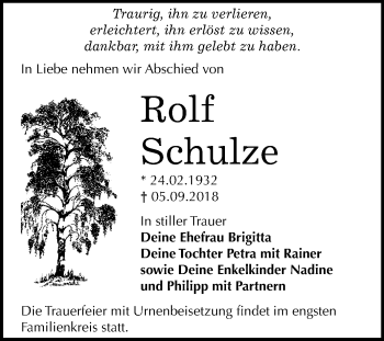 Traueranzeige von Rolf Schulze von Mitteldeutsche Zeitung Bitterfeld