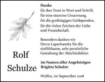 Traueranzeige von Rolf Schulze von Mitteldeutsche Zeitung Bitterfeld