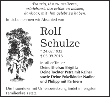 Traueranzeige von Rolf Schulze von WVG - Wochenspiegel Bitterfeld