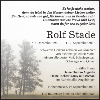 Traueranzeige von Rolf Stade von Mitteldeutsche Zeitung Weißenfels