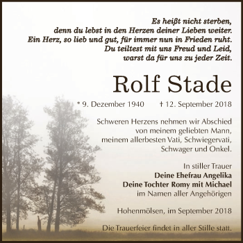 Traueranzeige von Rolf Stade von WVG - Wochenspiegel NMB / WSF / ZTZ