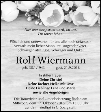Traueranzeige von Rolf Wiermann von Mitteldeutsche Zeitung Köthen