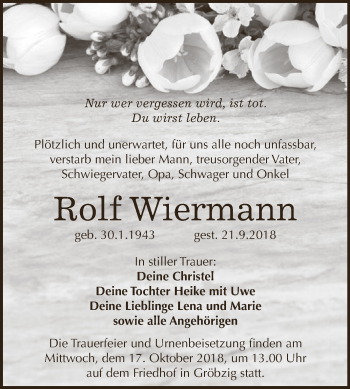 Traueranzeige von Rolf Wiermann von WVG - Wochenspiegel Dessau / Köthen