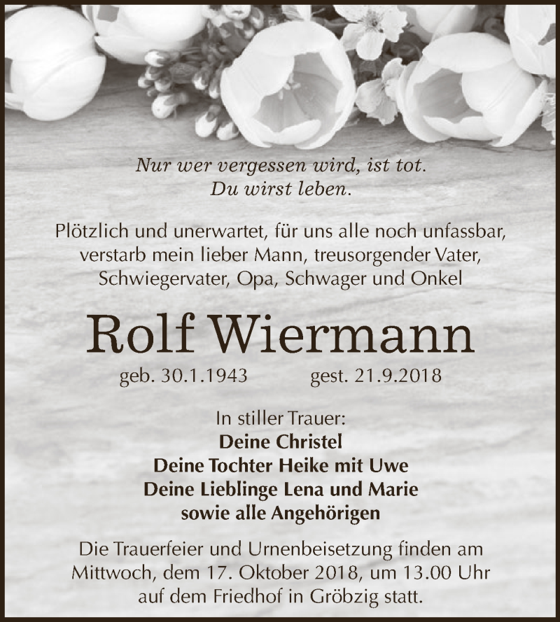  Traueranzeige für Rolf Wiermann vom 29.09.2018 aus WVG - Wochenspiegel Dessau / Köthen