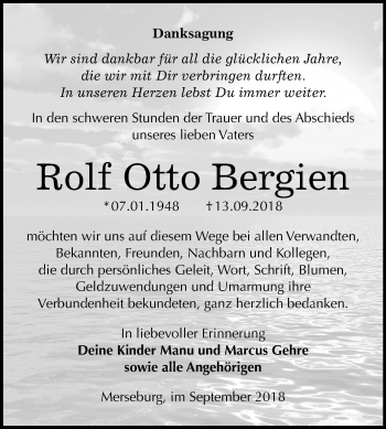 Traueranzeige von Rolf Otto Bergien von Mitteldeutsche Zeitung Merseburg/Querfurt