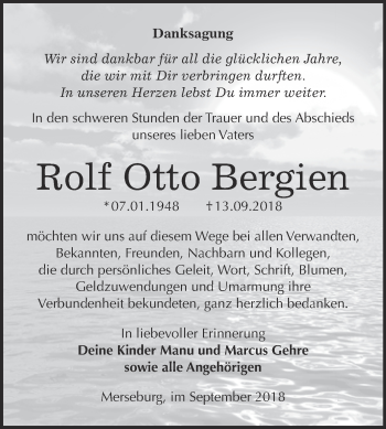 Traueranzeige von Rolf Otto Bergien von WVG - Wochenspiegel Merseburg