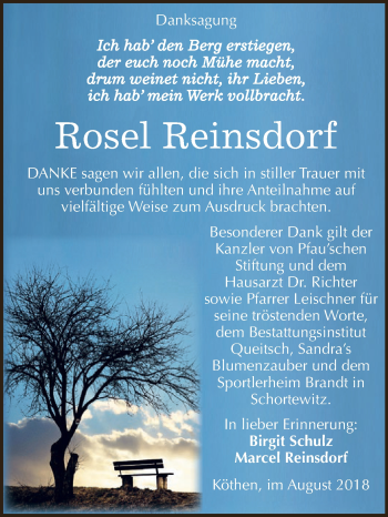 Traueranzeige von Rosel Reinsdorf von WVG - Wochenspiegel Dessau / Köthen