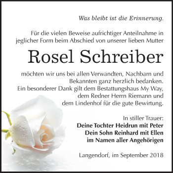 Traueranzeige von Rosel Schreiber von Mitteldeutsche Zeitung Weißenfels