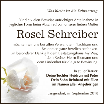 Traueranzeige von Rosel Schreiber von WVG - Wochenspiegel NMB / WSF / ZTZ