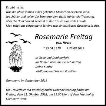 Traueranzeige von Rosemarie Freitag von Mitteldeutsche Zeitung Merseburg/Querfurt