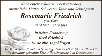 Traueranzeige von Rosemarie Friedrich von WVG - Wochenspiegel Dessau / Köthen